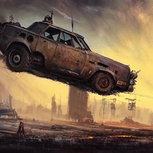 Image similar to post apocalyptic wasteland, mad max, smooth, dreary, oil painting, beautifully detailed, trending on artstation, by alena aenami