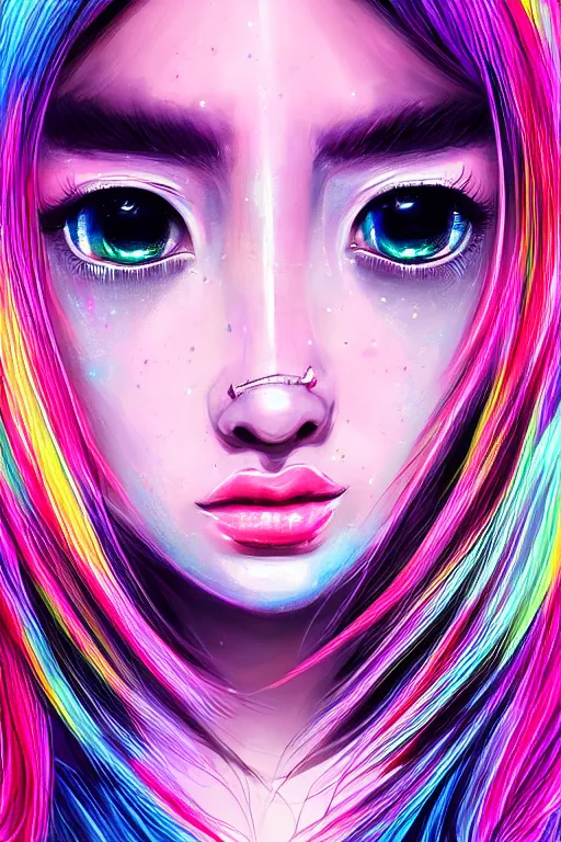 Image similar to An extremely beautiful neon-noir kawaii decora highly detailed HD portrait of a young attractive woman with a silky bio-luminiscent dress, neo-cyberpunk, professionally painted digital art illustration, smooth, sharp focus, atmospheric lighting, highly detailed illustration highlights, golden ratio, symmetrical facial features, extremely detailed winning award masterpiece, very coherent symmetrical artwork, sense of awe, 8K post-processing, trending on artstation flawless, prismatic highlights, telephoto, depth of field, cinematic, macro, concept art, wepa digital, elegant, epic, octane render, v-ray, C4D