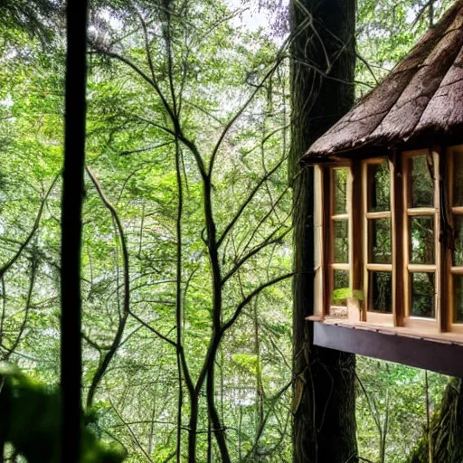 Prompt: view of the forest through a window in a tree house