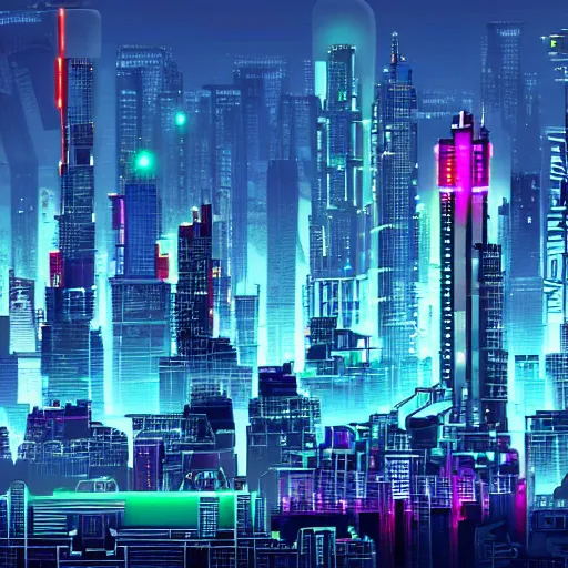 Image similar to Huge cyberpunk city with tall buildings and neon lights. HD.