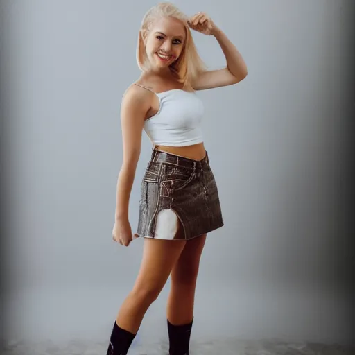 Image similar to young woman with blonde hair and beautiful features, wearing crop top and miniskirt, photography, full body, alluring, smile