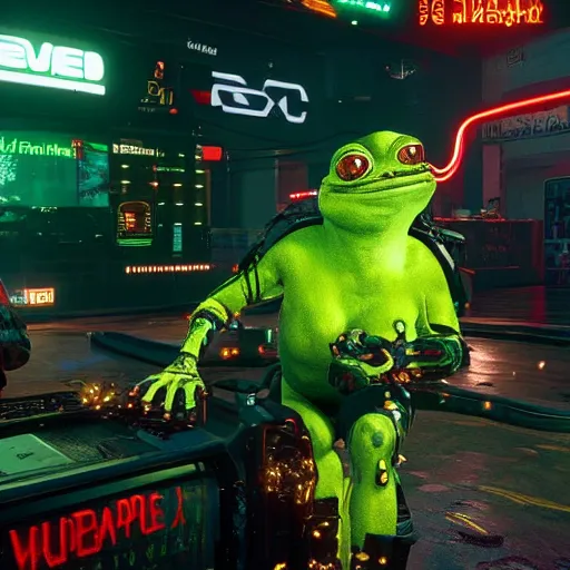 Image similar to pepe frog makes appearance in Cyberpunk 2077. CP2077. 3840 x 2160