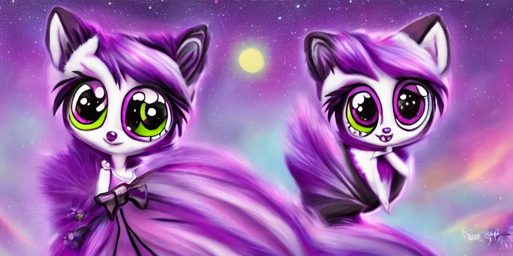 Image similar to 3 d purple - colored littlest pet shop purple raccoon, accessories, glittery wedding, ice cream, gothic, raven, rainbow, smiling, forest, moon, stars, master painter and art style of noel coypel, art of emile eisman - semenowsky, art of edouard bisson