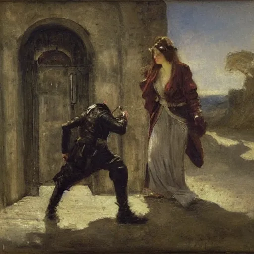 Prompt: man and woman escaping a dungeon by alfred stevens