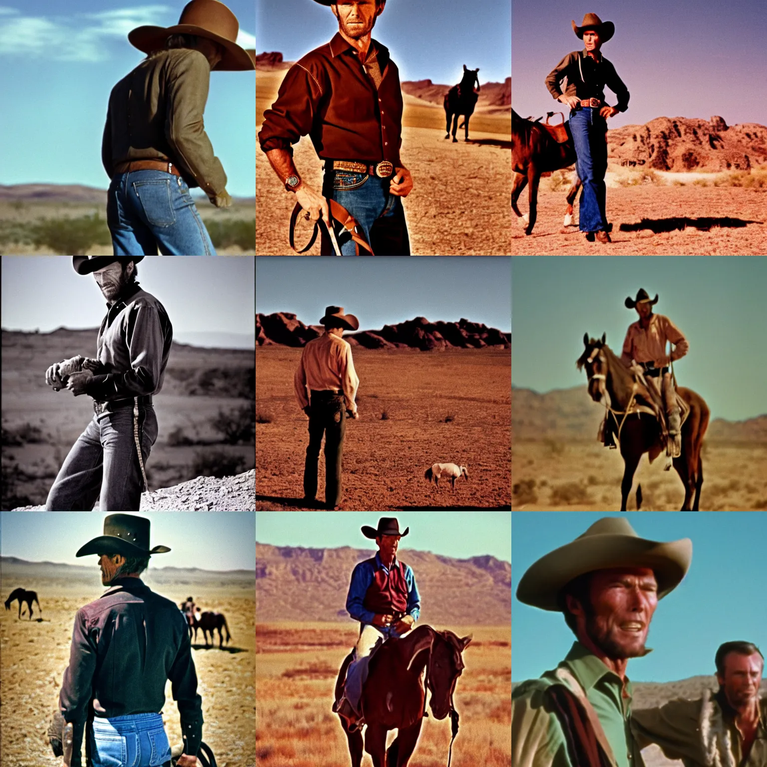 Prompt: over the shoulder shot in color from 1 9 6 9 of clint eastwood as a cowboy, standing with hands on colts. desert in the background. cinematic, 5 0 mm lens