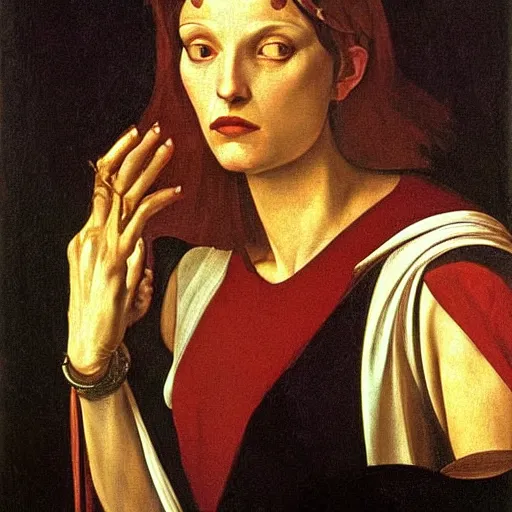 Image similar to portrait of beautiful witch circe in the odyssey, art by petrus christus, caravaggio, leonardo da vinci