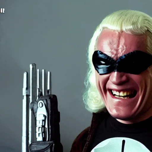 Prompt: Jimmy Saville as Punisher, cinematic, movie still, photorealistic, laughing, 8k,