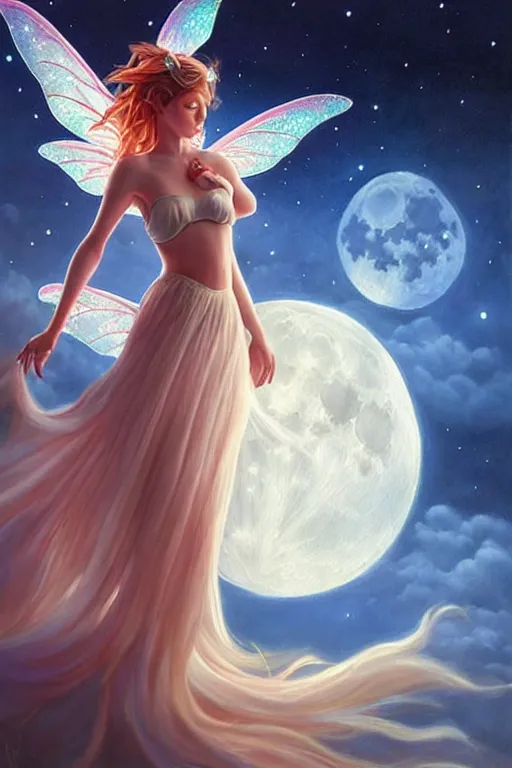 Image similar to attractive fairy magically floating high in the night, fantasy, full moon in background. highly detailed painting by artgerm, mid shot, 8 k