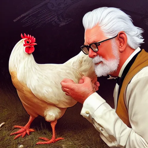 Prompt: closeup of Colonel Sanders petting a a chicken, modern setting, intricate, elegant, highly detailed, digital painting, artstation, concept art, matte, sharp focus, illustration, hearthstone, art by Artgerm and Greg Rutkowski and Alphonse Mucha