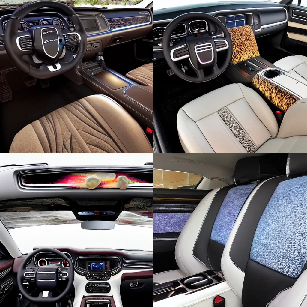 Prompt: Dodge Charger interior decorated completely in sea agates