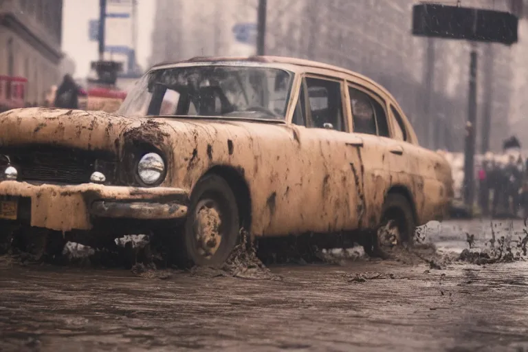 Prompt: street photography by saul leiter, in a muddy new york street, award winning photo of an ultra detailed high quality dirty vintage ford car speeding very fast on mud, fast shutter speed, motion blur, tiny gaussian blur, highly detailed, highly intricate, depth of field, trending on top gear