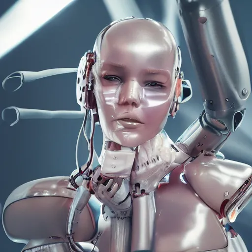 Image similar to photographic stil of beautiful model, a human robot woman, beautiful artificial body with artificial bones and artificial flesh, cables, tubes, robots making robots using robots, westworld style, medium - shot, insanely detailed, photorealistic, beautiful soft light, octane render, by annie leibowtiz