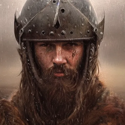 Prompt: a terryfing viking with long braided beard, helmet, fur shoulder pads, scarred, wet, raining, close up, rim lighting, portrait, sinister atmospheric lighting. highly detailed painting by greg rutkowski, anime style