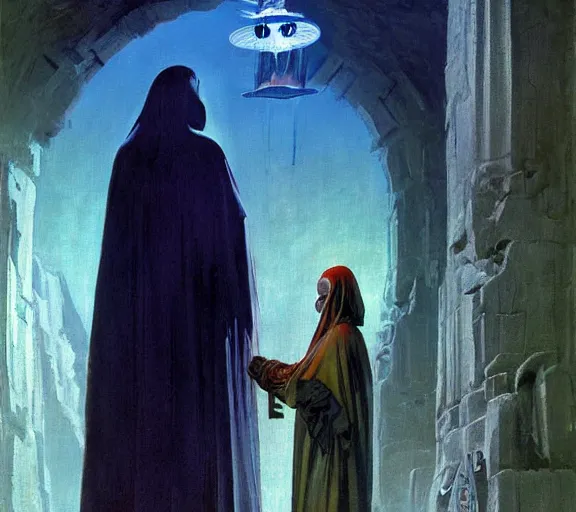 Image similar to robed cyberpunk cultist worshipping at an altar of an ancient god by frank frazetta and bosch, colorful digital art, serious painting, very detailed