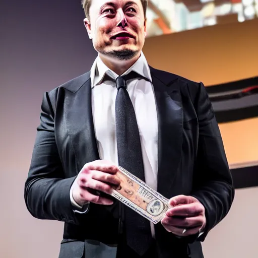 Prompt: Elon Musk holding a bitcoin, highly detailed, high quality, HD, 4k, 8k, Canon 300mm, professional photographer, 40mp, lifelike, top-rated, award winning, realistic, sharp, no blur, edited, corrected, trending