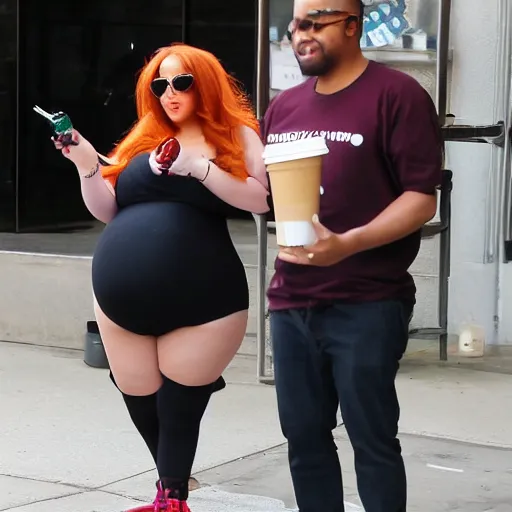 Image similar to Arianna Grande fat suit at Starbucks featuring Earnest paparazzi photography