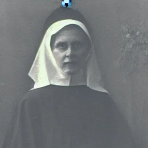 Image similar to antique photograph of a ghost of an evil catholic nun, blurry, transparent, glowing, real photo,