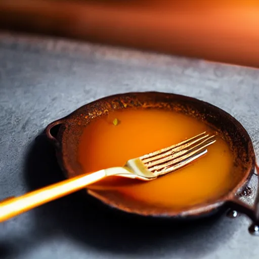 Prompt: a photorealistic fork covered in dripping honey, so much honey, professional food photography, Movie Still, Triadic color grading.