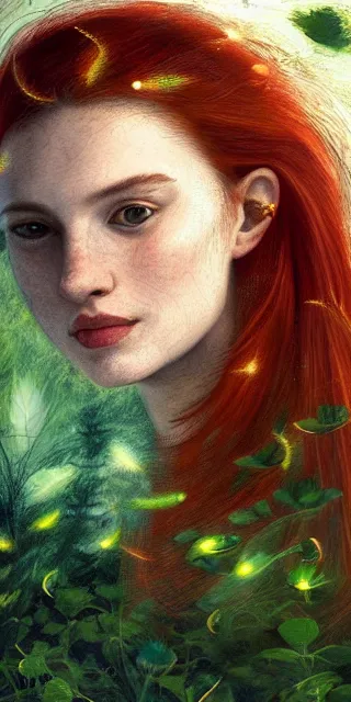 Prompt: infp young woman, smiling amazed, golden fireflies lights, amidst of nature fully covered, long loose red hair, intricate linework, bright accurate green eyes, small nose with freckles, oval shape face, realistic, expressive emotions, dramatic lights spiritual scene, ultrafine art by artemisia gentileschi, caravaggio, jessica rossier, boris vallejo