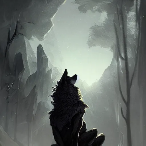 Image similar to an anthropomorphic wolf in a black doublet looking out over the hills, artstation hq, stylized, greg rutkowski, sharp focus, concept art, furaffinity fursona, furry, anthropomorphic