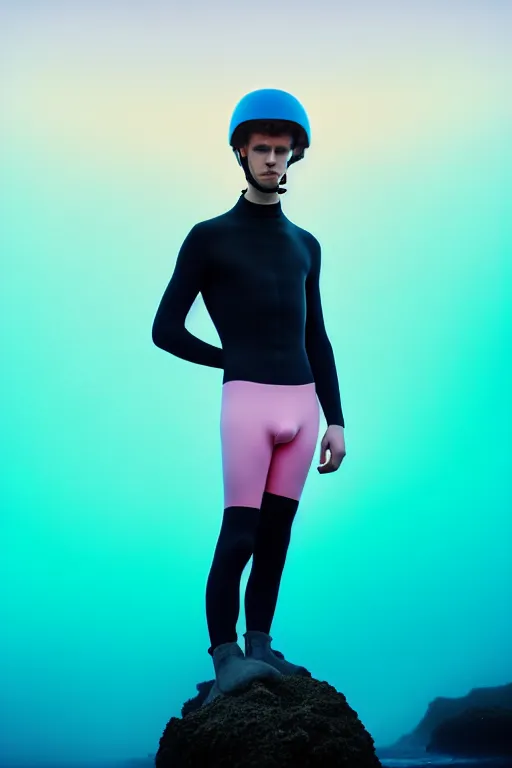 Prompt: high quality pastel coloured film mid angle portrait photograph of a beautiful young 2 0 year old male, soft features, short hair, rubber bike helmet and oversized inflated clothing!!!! icelandic black! rock pool environment. atmospheric three point light. photographic. art directed. ( pastel colours ). volumetric. clearcoat. waves. 8 k. filmic.