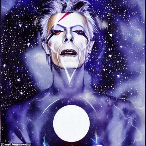 Prompt: cosmic daoist david bowie with whole face yin - yang symbol painted on face, singing into microphone and comets sparkling nearby