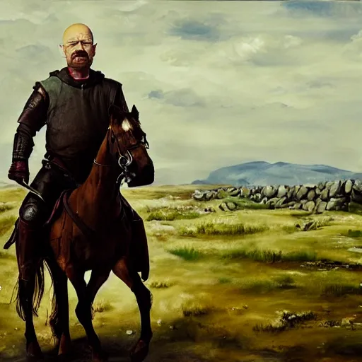 Image similar to walter white from breaking bad wearing medieval armor and riding a horse, matte oil painting