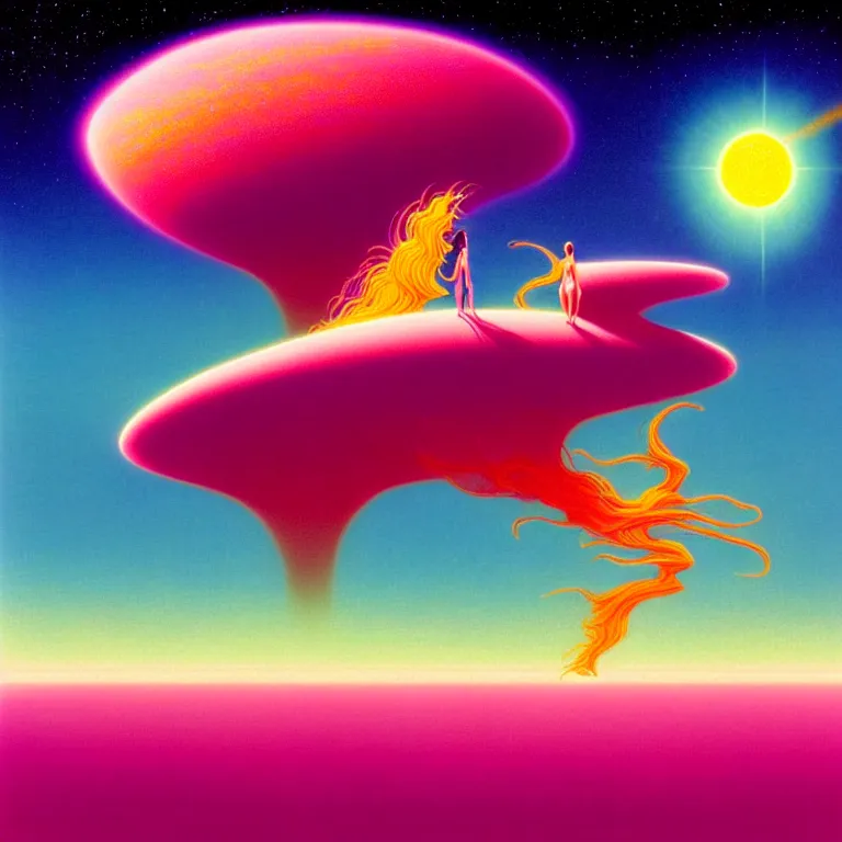 Image similar to mysterious cosmic girl hovering over shimmering desert, infinite astral waves, synthwave, bright neon colors, highly detailed, cinematic, wide angle, tim white, michael whelan, roger dean, bob eggleton, lisa frank, vladimir kush, kubrick, kimura, isono