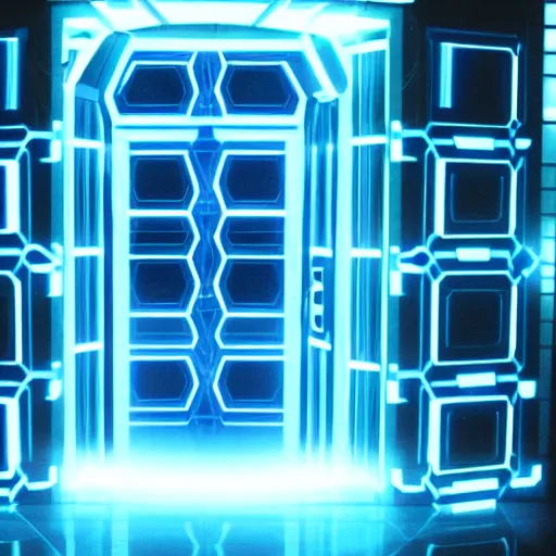 Image similar to a blue hexagonal door from the movie tron : legacy