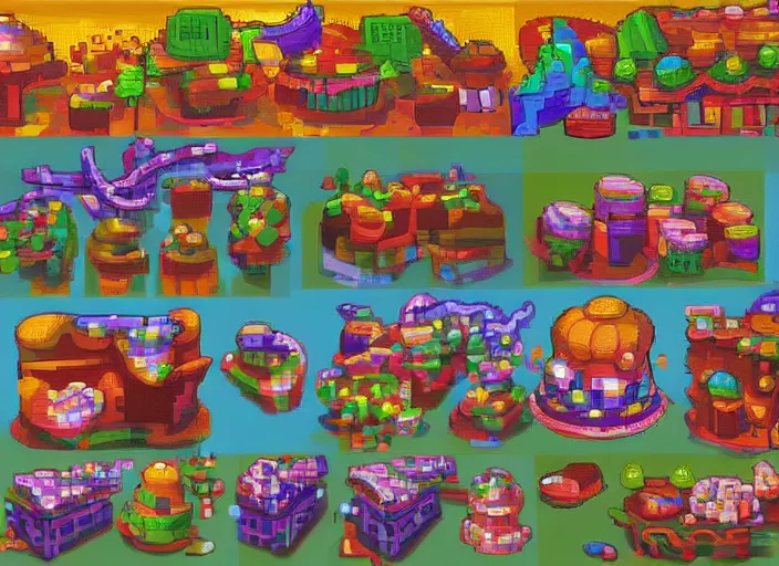 Image similar to pixel arts sheet for a game candy themed, candy park, oil painting by jama jurabaev, extremely detailed, brush hard, artstation, for aaa game, high quality, brush stroke