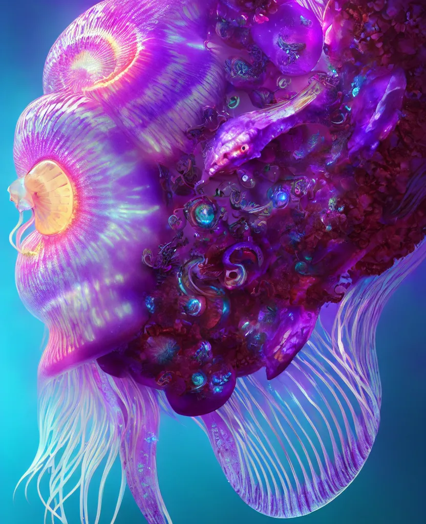 Image similar to goddess close-up portrait. dichroic orchid jellyfish phoenix head, nautilus, skull, betta fish, bioluminiscent creatures, intricate artwork by Tooth Wu and wlop and beeple. octane render, trending on artstation, greg rutkowski very coherent symmetrical artwork. cinematic, hyper realism, high detail, octane render, 8k