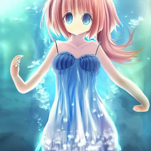 Prompt: advanced digital art a very cute anime girl wearing a dress made of water standing in a crystal lake turning into mist full body