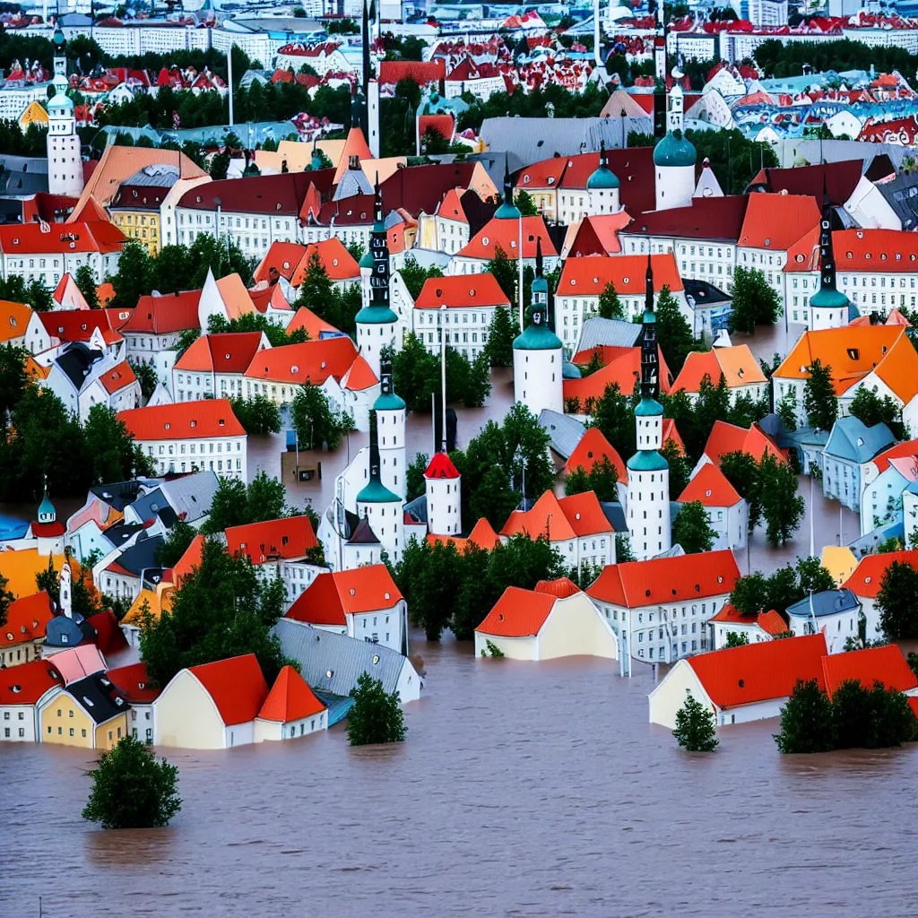 Prompt: Tallinn, capital of estonia, suffering from floods from the sea due to climate change in the year 2100, the citizens of Tallinn are shocked, street photography, ultra detailed, 40mm focal lense, flash at noon, 8k,