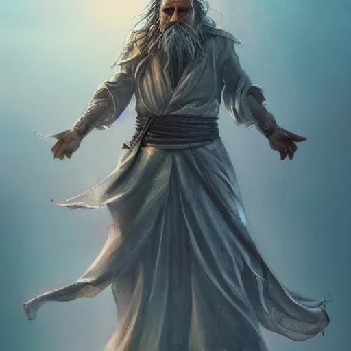 Prompt: hyper detailed surreal full body portrait of an ancient wizard with flowing robe floating in the air in an epic magic blast action pose, artstation, pinterest, concept art