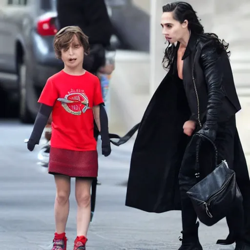 Prompt: An evil little boy with glowing red eyes attempting to steal Gal Gadot's handbag in broad daylight while she glares down at him.