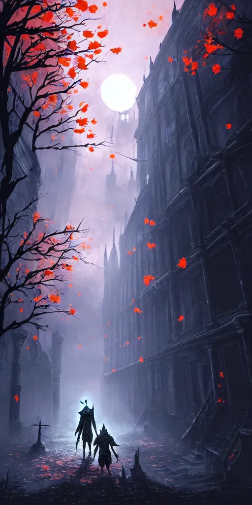 Image similar to abandoned bloodborne old alley with a kid at the centre, trees and stars background, falling petals, epic red - orange sunlight, perfect lightning, illustration by niko delort,