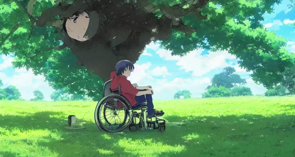 Image similar to a green long - haired boy in a wheelchair under a tree, day, sunshine, warm colors, relaxing, calm, cozy, peaceful, by mamoru hosoda, hayao miyazaki, makoto shinkai