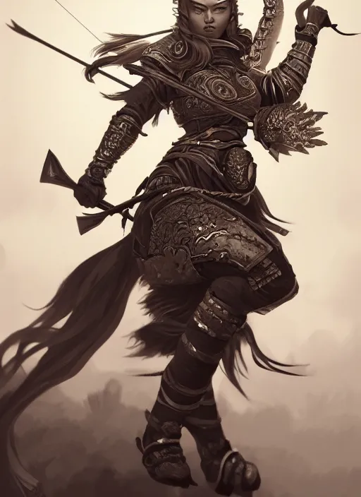 Image similar to a highly detailed illustration of fierce mongol warrior woman with bow, heroic shooting bow pose, perfect hyperdetailed face, intricate, elegant, highly detailed, centered, digital painting, artstation, concept art, smooth, sharp focus, league of legends concept art, wlop.