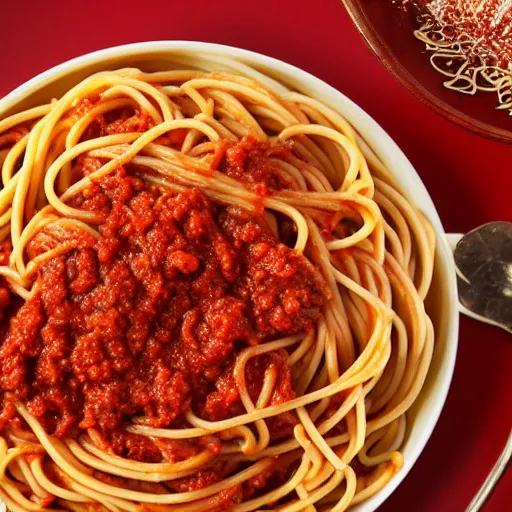 Image similar to hyperrealistic top view photo of spaghetti with bolognese sauce