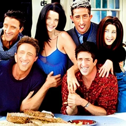 Prompt: the cast of friends but they're melting and joey is eating a sandwich