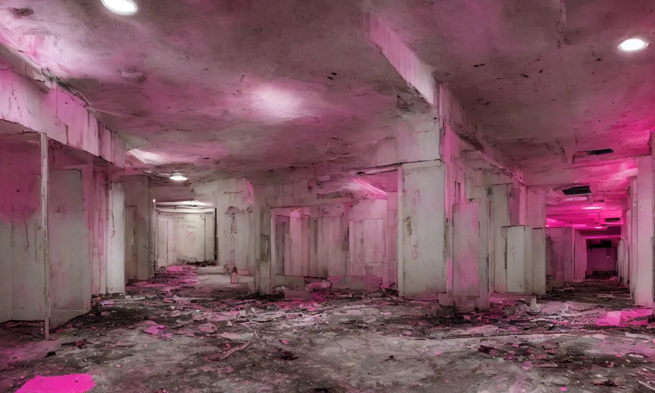 Image similar to backrooms abandoned mall, ominous neon pink lighting, moldy walls and shallow water, shadowy tall figures in the distance