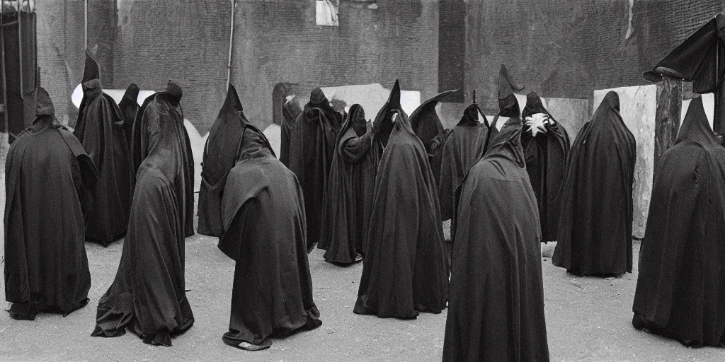 Image similar to black robed and hooded plague doctors in a circle calling forth satan, old film, 35mm film, found film, scary, ominous, frightening, ghastly, photorealistic