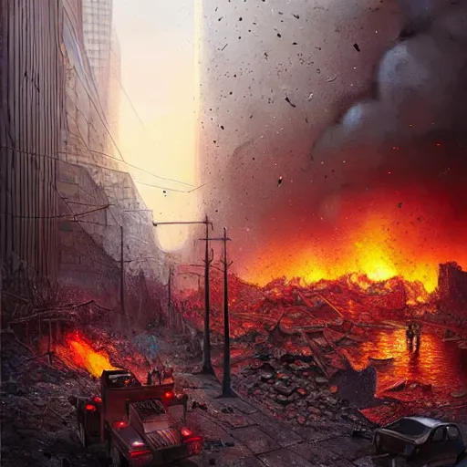 Prompt: city of munich destroyed by a meteor!!!, rubble!!, fires!!, a close view of a rabi in panic!!!, hyperrealistic, highly detailed, cinematic, foggy light from fires, beautiful, cgssociety, artstation, 8 k, oil painting by greg rutkowski, by artgerm, by wlop