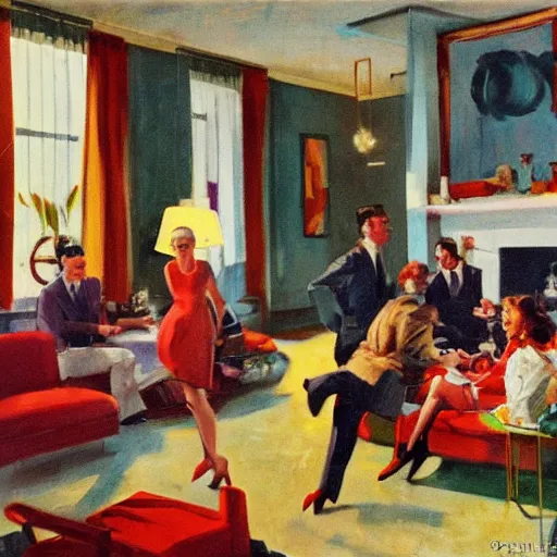 Image similar to dynamic scene of people partying in sunshine living room 1950s, by tom lovell and frank schoonover and dean cornwell