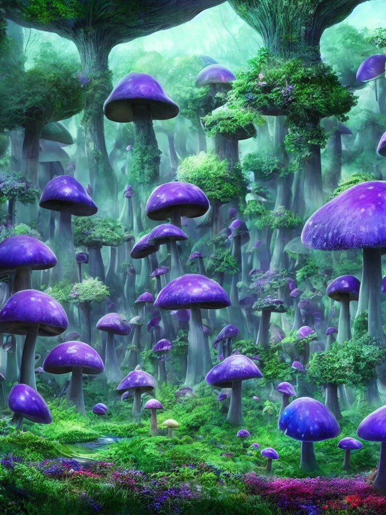 Prompt: a beautiful otherworldly fantasy landscape of giant mushroom trees forming canopies over bright colorful mythical floral plants, like alice in wonderland, rendering, cryengine, deep glowing color, blue and purple and green colors, vray render, cinema 4 d, cgsociety, bioluminescent