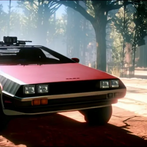 Prompt: dmc 1 2 delorean with a jet engine on the back in red dead redemption 2