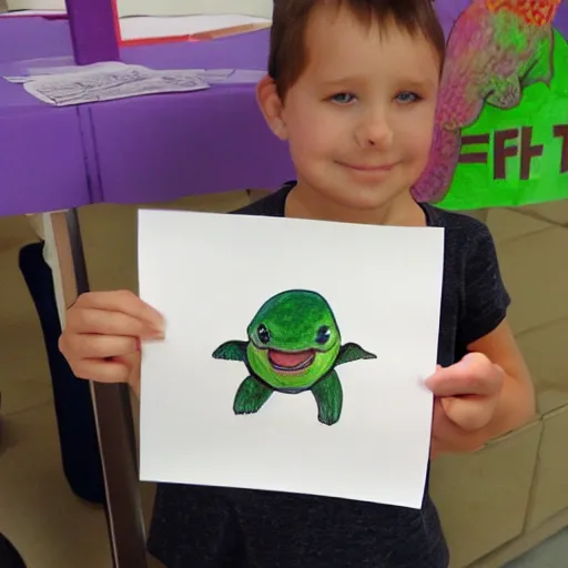 Prompt: a child's drawing of a turtle holding a receipt that says NFT! on it