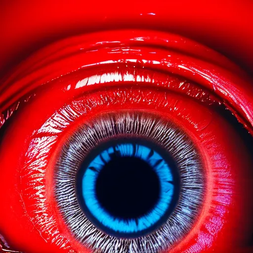 Prompt: detailed view of red and blue human eye, 4 k, dark
