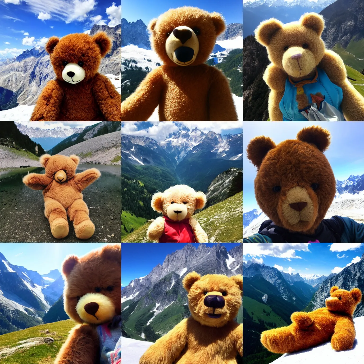 Prompt: selfie of a teddy bear visiting the alps