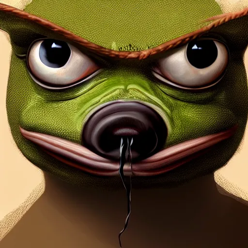 Image similar to portrait of realistic pepe with brown shit on face, concept art, trending on artstation, highly detailed, intricate, sharp focus, digital art, 8 k